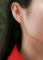 Load image into Gallery viewer, Close-up of an ear wearing a moissanite stud earring with a blurred background