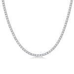 Load image into Gallery viewer, A tennis necklace made of sterling silver with round-cut moissanites set in prong settings.