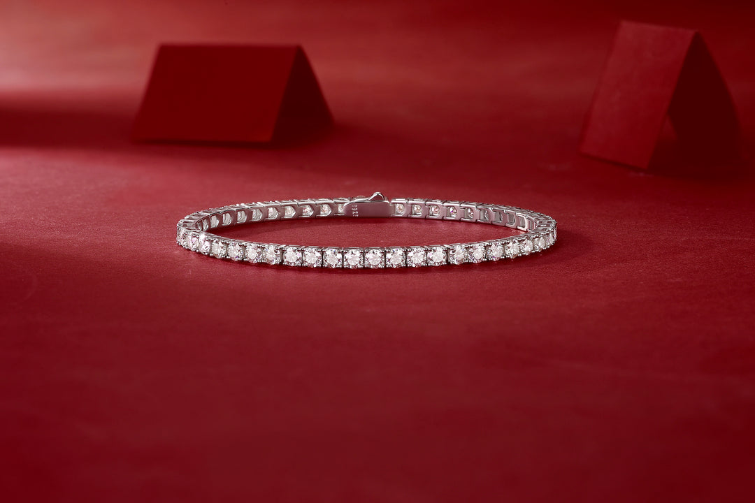 Moissanite tennis bracelet on a red background