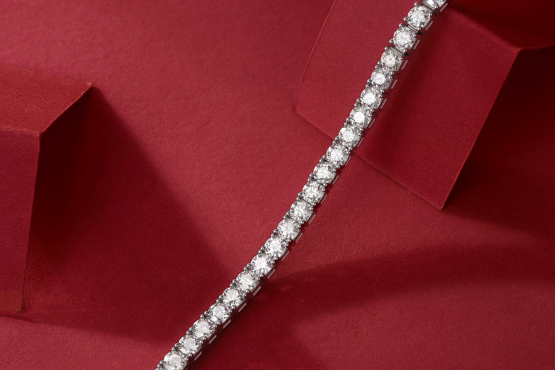 Moissanite tennis bracelet on a red background