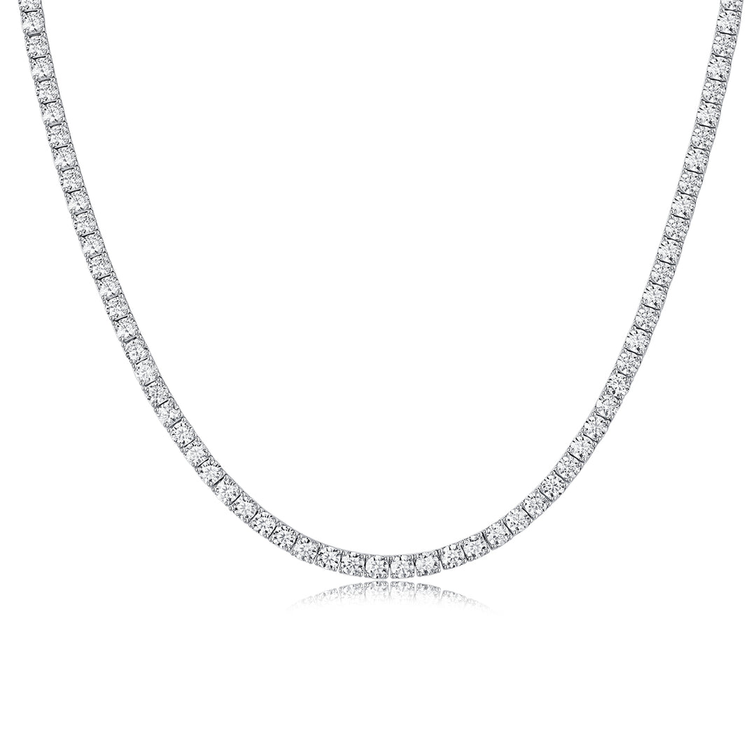 A tennis necklace made of sterling silver with round-cut moissanites set in prong settings.